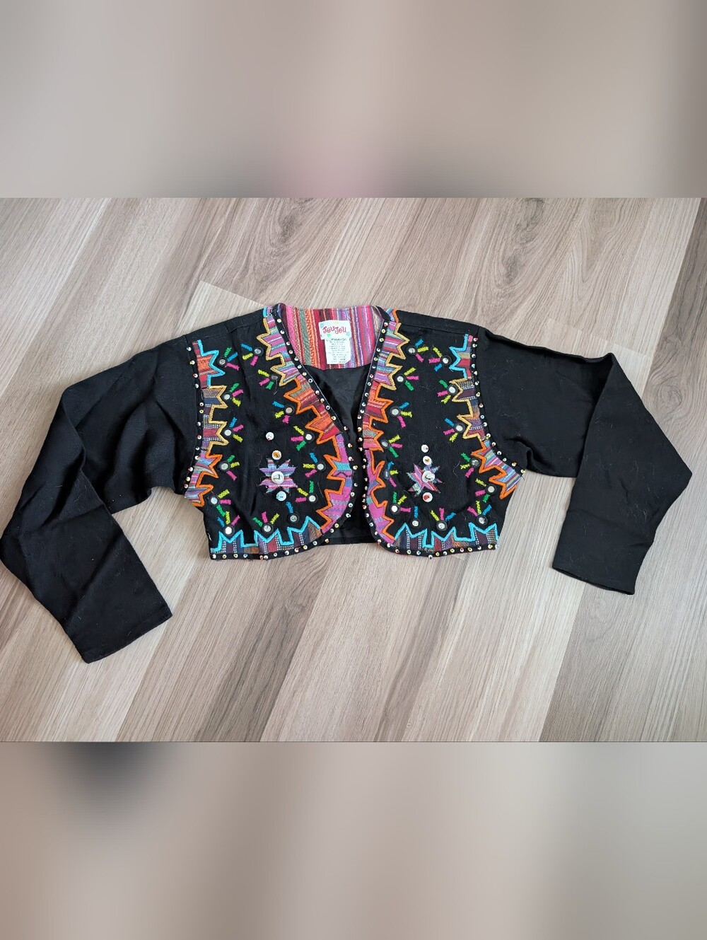 Vintage JouJou Embroidered Cropped Bolero Jacket Black Boho Festival Size L